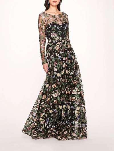 Marchesa Botanical Embroidered Gown In Black Multi