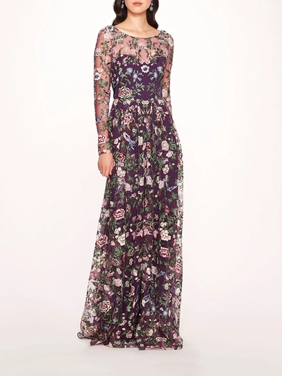 Marchesa Botanical Embroidered Gown In Amethyst Multi