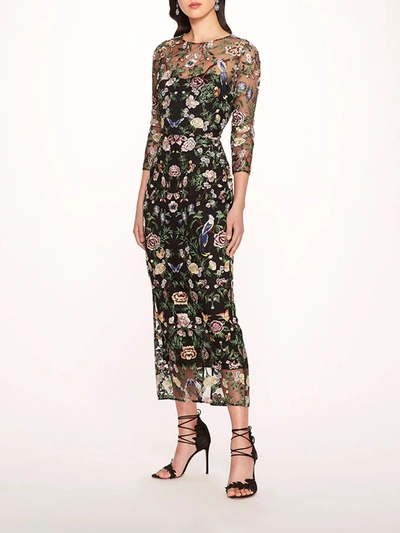 Marchesa Long Botanical Embroidered Midi Dress In Black Multi