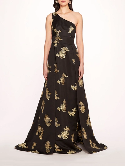 Marchesa One Shoulder Marigold Ball Gown In Black Gold Combo