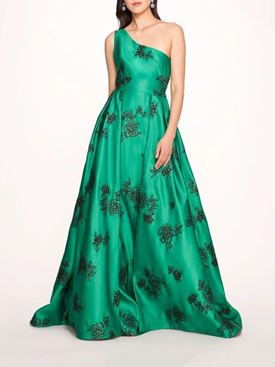 Marchesa One Shoulder Marigold Ball Gown In Emerald Combo