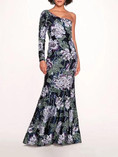 Marchesa One Shoulder Sequin Gown In Navy