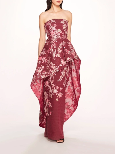 Marchesa Strapless Gilded Gown In Wine