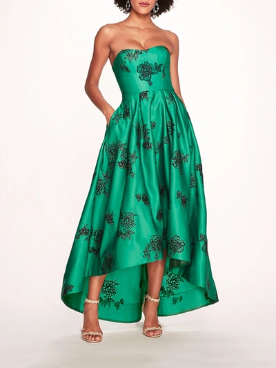Marchesa Strapless Marigold Gown In Emerald Combo