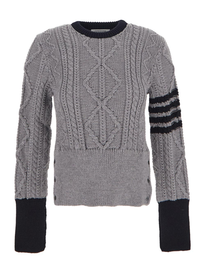 Thom Browne Aran Cable Classic Crewneck Pullover In Grey