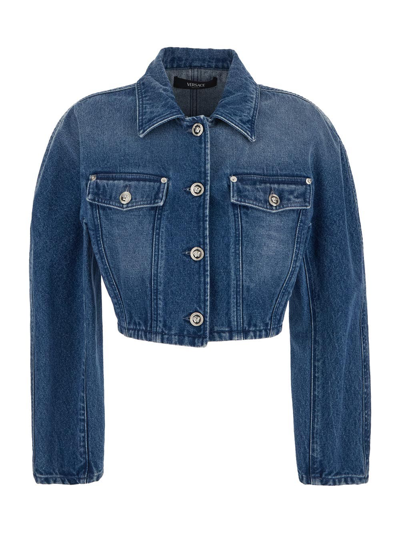 VERSACE ROUNDED CROP DENIM JACKET