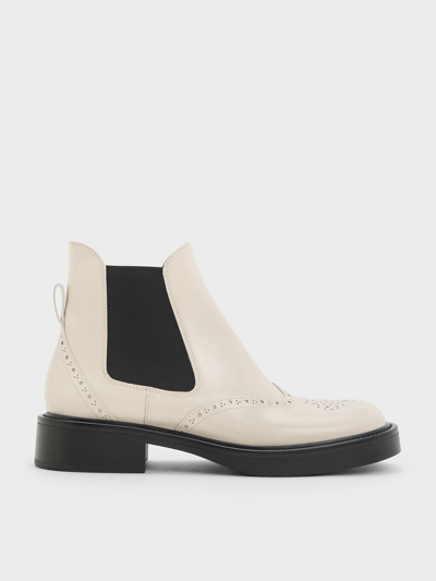 Charles & Keith Brogue Leather Chelsea Boots In Chalk