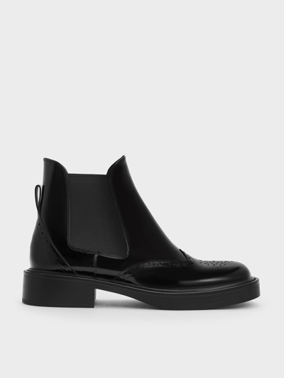 Charles & Keith Brogue Leather Chelsea Boots In Black Box