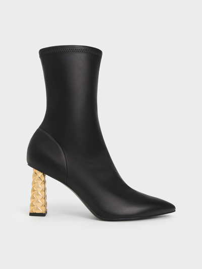 Charles & Keith Pointed-toe Quilted Heel Ankle Boots In Black