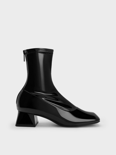 Charles & Keith Patent Trapeze Block Heel Ankle Boots In Black Patent