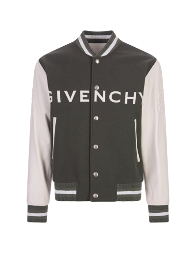 Givenchy Grey Green And White Bomber Jacket In Wool And Leather In Greyish Green