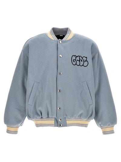 Gcds Graffit-logo Varsity Bomber Jacket In Light Blue