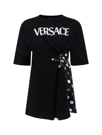 Versace Pin-tucked Jersey T-shirt With Silk Printed Back In Black