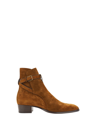 Saint Laurent Wyatt 4mm Suede Ankle Boots In Brown
