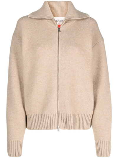Closed Zip-up Recycled-wool Cardigan In Beige