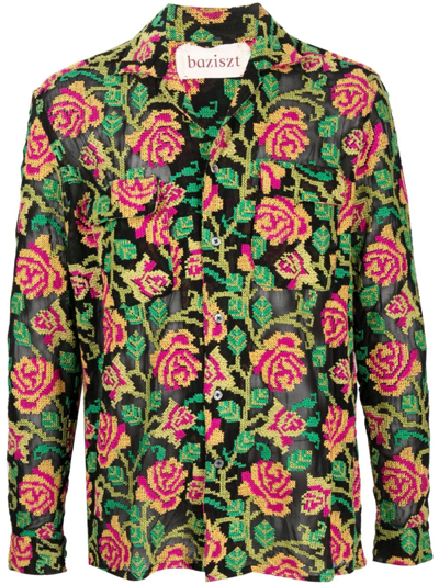 Baziszt Floral-embroidery Cotton Shirt In Black