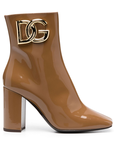 Dolce & Gabbana Shiny Leather Ankle Boots In Brown
