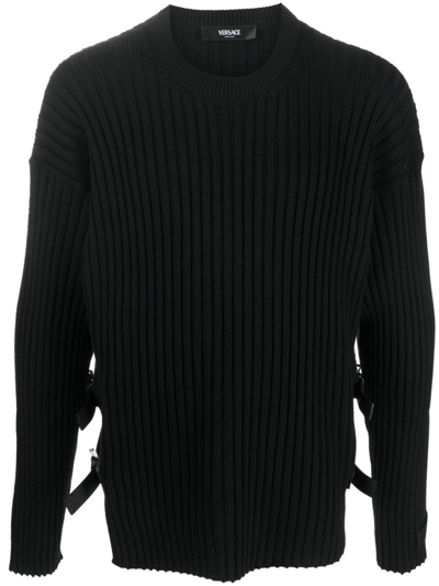 Versace Crocodile-pattern Cable-knit Jumper In Black