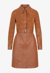 AKRIS BELTED SUEDE AND LEATHER SHIRT DRESS