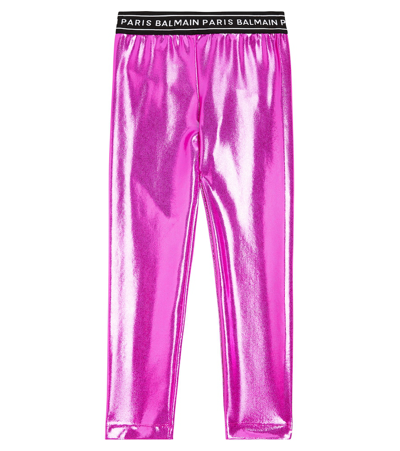 Balmain Kids' Logo-print Metallic-finish Leggings In Pink