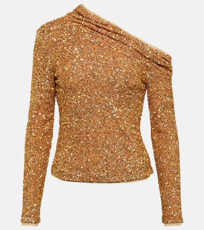 Self-portrait Gold Sequin Asymmetric Long-sleeve Top In Brown