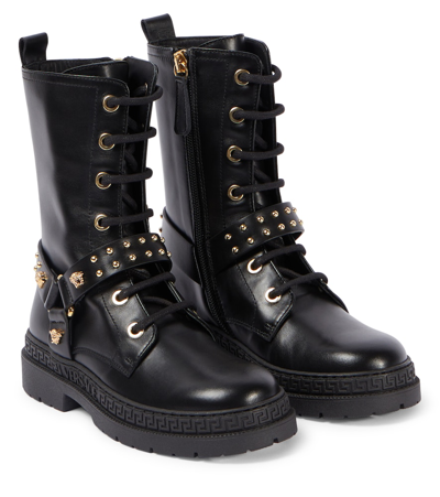 Versace Kids' Medusa皮革绑带靴 In Black