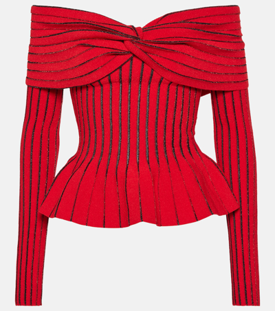 Balmain Off-shoulder Knit Top With Knotted Detail In Red Black