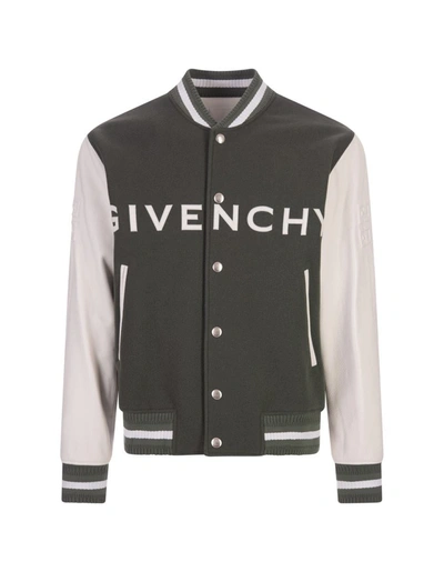 Givenchy Varsity Wool Grained Leather Jacket In Greyish Green