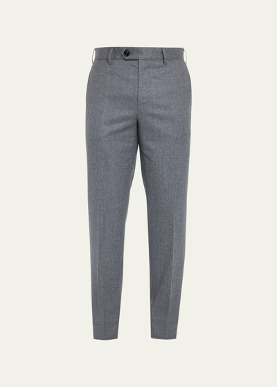 Brunello Cucinelli Men's Light Flannel Flat-front Trousers In Medium Grey