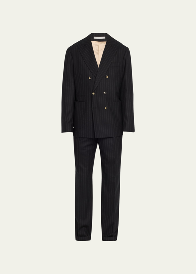 Brunello Cucinelli Men's Pinstriped Flannel Double-breasted Suit In C003 Black