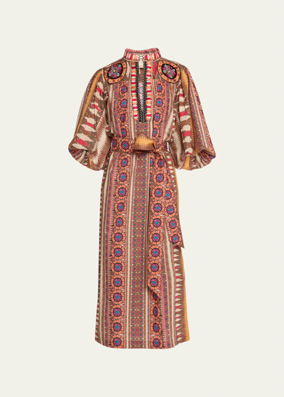 Figue Dani Three-quarter Sleeve Embellished Belted Dress In Ikat Band Brown