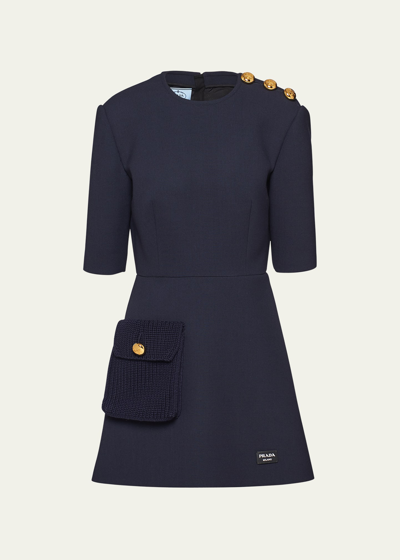 Prada Natte Pocket Mini Dress With Shoulder Buttons In F0008 Bleu