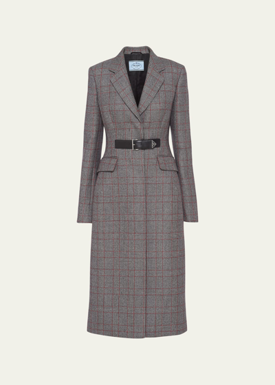 Prada Galles Wool Coat With Leather Belt In F0031 Grigio