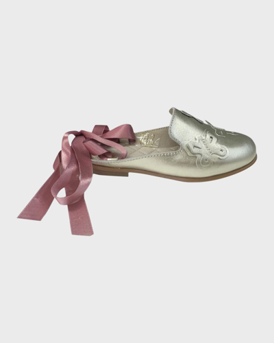 Petite Maison Kids' Girl's Butterfly Bow-tie Loafers In Silver
