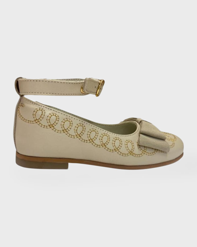 Petite Maison Kids' Girl's Alexis Embroidered Leather Mary Jane Flats In Beige