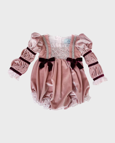 Petite Maison Girls' Juliette Pink Velour Romper With Burgundy Trim And Large Organza Back Bow - Baby, Little Kid