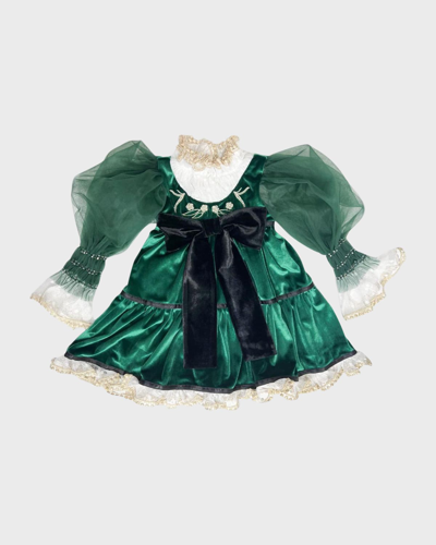 Petite Maison Kids' Girl's Aurora Embroidered Velour Dress In Green