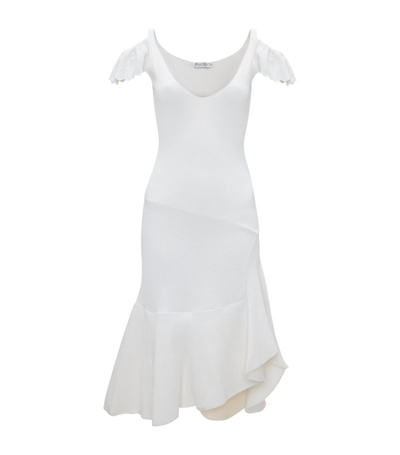 Jw Anderson Ruffle Cold-shoulder Rib Knit Midi Dress In White