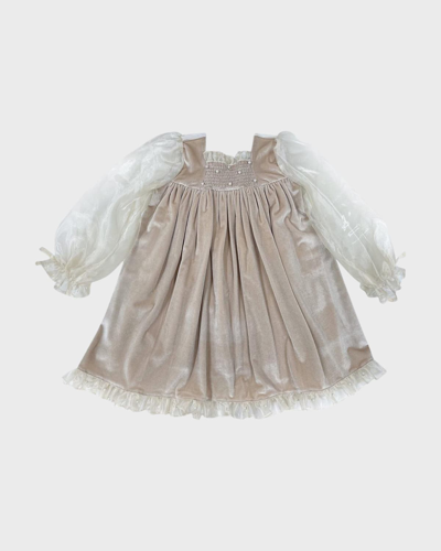 Petite Maison Girls' Helena Velour Dress With Organza Puff Sleeves - Baby, Little Kid, Big Kid In Beige
