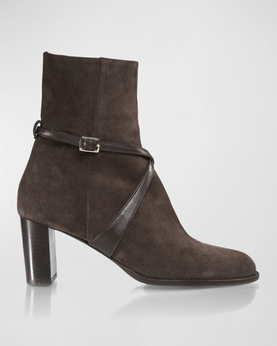 Marion Parke Selena Suede Ankle-strap Booties In Dark Chocolate