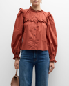 Stellah Eyelet Ruffle-trim Long-sleeve Button-front Shirt In Spice