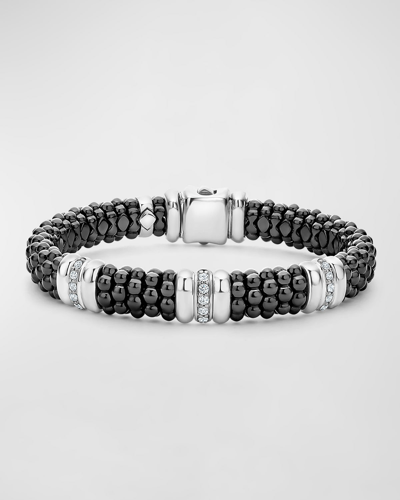Lagos Three-station Black Caviar Bracelet With Diamonds, 9mm In Silver