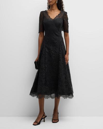 Rickie Freeman For Teri Jon Embroidered Puff-sleeve Floral Lace Midi Dress In Black