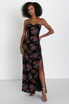 Lulus Exquisite Navy Blue Floral Burnout Velvet Strapless Maxi Dress In Navy Blue