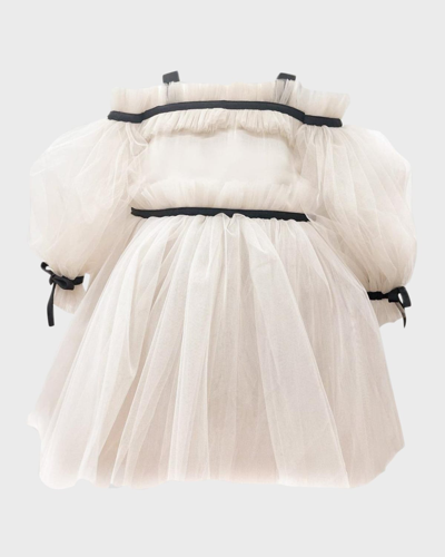Petite Maison Girls' Coco Caramel Tulle Dress With Sheer Puff Tulle Sleeves - Baby, Little Kid, Big Kid In Light Beige