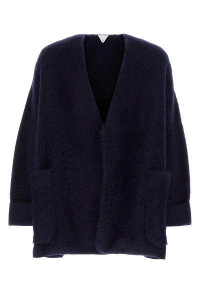 Bottega Veneta Navy Blue Stretch Wool Blend Cardigan In Black