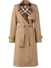 Burberry Check Panel Cotton Gabardine Trench Coat In Camel