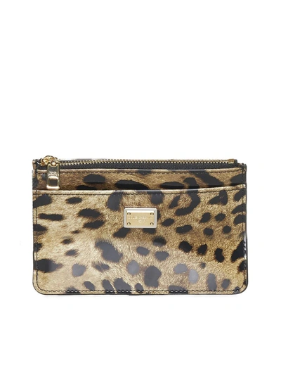Dolce & Gabbana Large Card Holder With Leo Print Zip In Brown