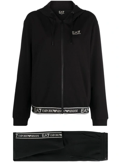 Ea7 Official Store Logo Series Recycled Cotton Blend And Technical Fabric Tracksuit In Black