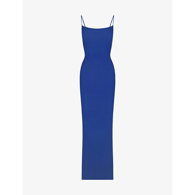 Skims Soft Lounge Rib Long Slip Dress In Cobalt